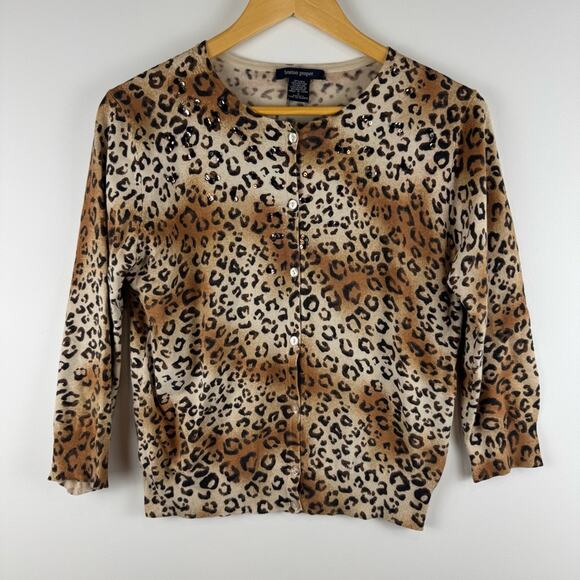 Boston Proper Silk Blend Sequin & Leopard Print Cardigan ~ Small - Picture 1 of 12